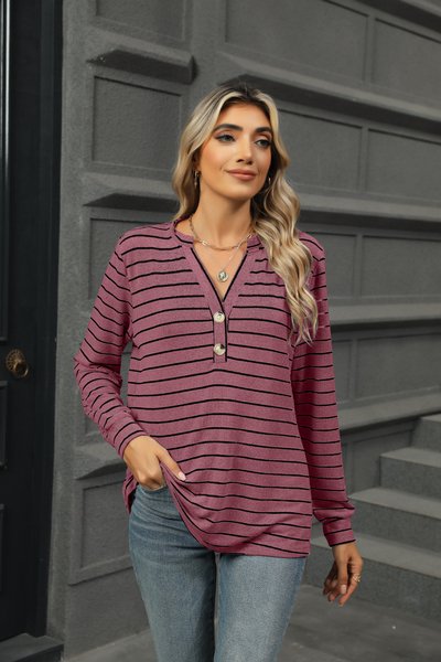 

Women's Long Sleeve Blouse Spring/Fall Striped V Neck Daily Going Out Casual Top, Red, Shirts & Blouses