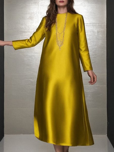 

Elegant Crew Neck Loose Long Sleeve Dress, Yellow, Midi Dresses