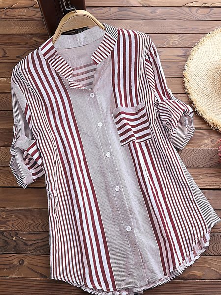 

Striped Cotton-Blend Casual Shirt, Red, Blouses & Shirts