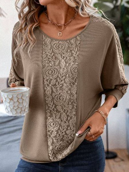 

Women Plain Crew Neck Linen Long Sleeve T-shirt, Khaki, Long Sleeves