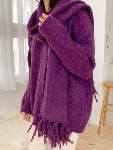 

（Includes Scarf） Regular Sleeve Plain Urban Sweater, Purple, Pullovers