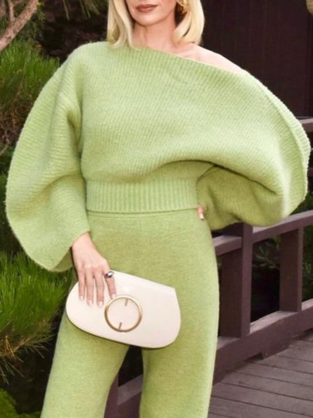 

Long Sleeve Loose Plain Elegant Sweater, Green, Pullovers