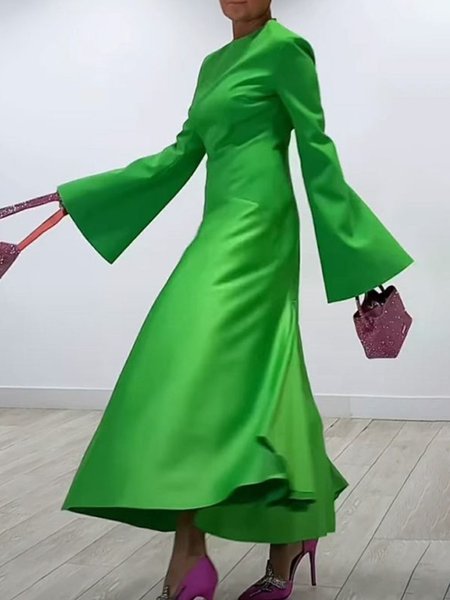 

Bell Sleeve Plain Regular Fit Crew Neck Elegant Dress, Green, Maxi Dresses