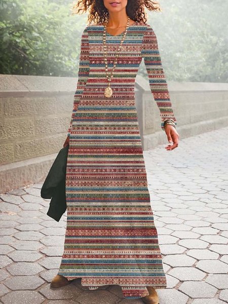 

Women Striped V Neck Long Sleeve Comfy Casual Maxi Dress, Red brown, Dresses