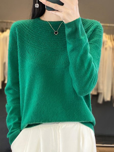 

Women's Spring/Fall Plain Casual Half Sleeve Crew Neck Wool/Knitting Sweater, Green, Sweaters