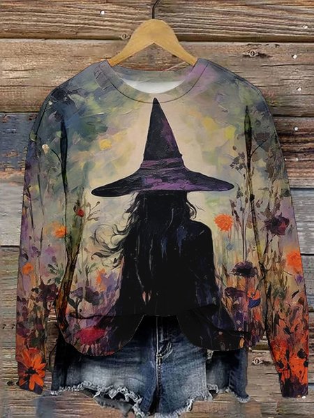 Halloween Witch Print Round Neck Sweatshirt, Multicolor, Hoodies&Sweatshirts