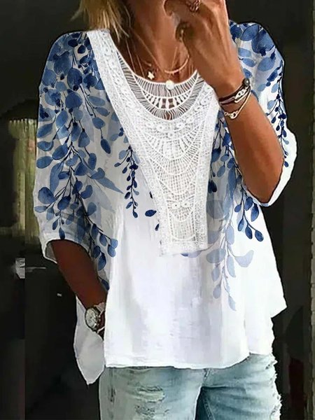 

Crew Neck Long Sleeve Floral Lace Regular Micro-Elasticity Regular Fit Mock Two-Piece Blouse For Women, Blue, Blouses