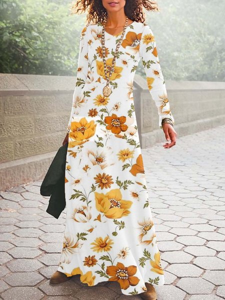 

Women Floral V Neck Long Sleeve Comfy Casual Maxi Dress, Yellow, Dresses