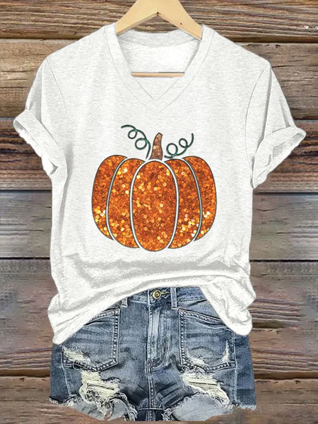 

Women's Sequin Pumpkin Print Casual T-Shirt, White, T-shirts