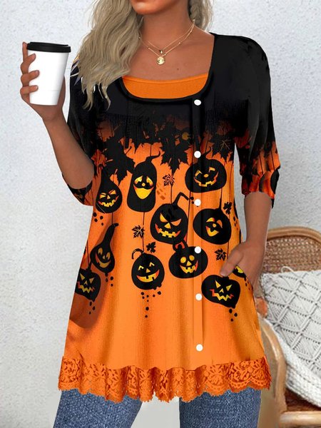 

Halloween Pumpkins Print Mock Two-Piece Blouse For Women, Orange red, Blouses