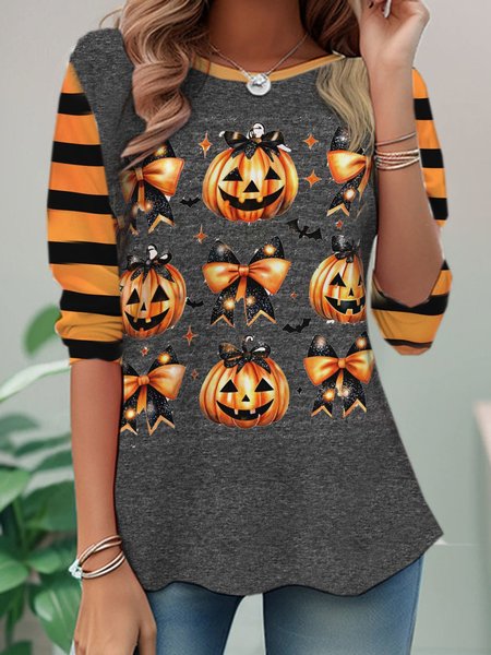 

Casual Halloween Pumpkins Print Crew Neck Long Sleeve T-shirt, Gray, T-shirts