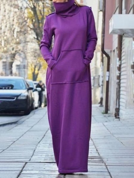 Pocket Stitching Plain Loose Casual Regular Sleeve Dress, Purple, Maxi Dresses