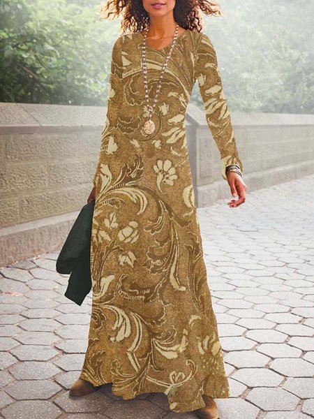 

Women Floral V Neck Long Sleeve Comfy Casual Maxi Dress, Brown, Dresses