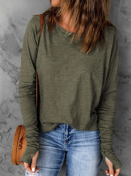 

Women Plain Crew Neck Casual Long Sleeve T-shirt, Green, Long Sleeves