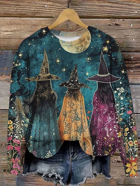 

Halloween Witch Print Round Neck Sweatshirt, Multicolor, Hoodies&Sweatshirts