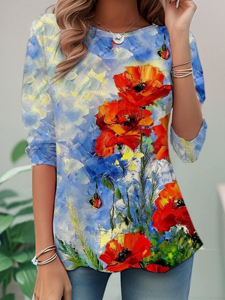 

Casual Floral Crew Neck Long Sleeve T-shirt, Red, T-shirts