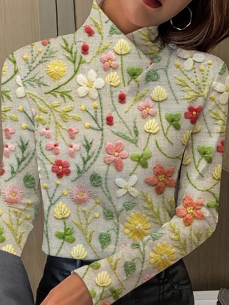 

Women's Long Sleeve Blouse Spring/Fall Floral Printing Daily Going Out Vintage Top, Beige, T-Shirts
