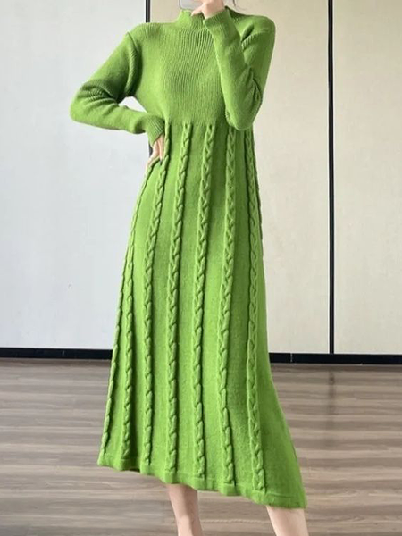 

High Elasticity Regular Fit Elegant Regular Sleeve Stand Collar Long Sleeve Maxi Sweater Dress, Green, Maxi Dresses