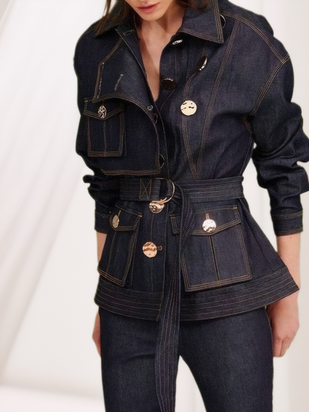 

Regular Sleeve Plain Urban Denim Coat With Belt, Blue, Jackets