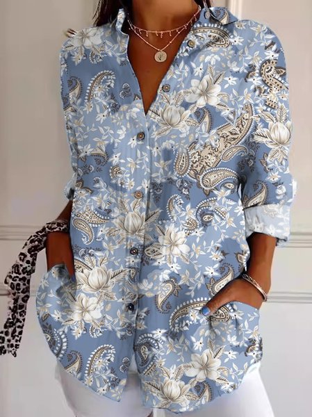 

Loose Shirt Collar Cashew Flowers Casual Shirt, Blue, Blouses