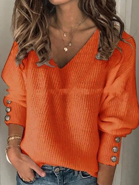 

Women's Long Sleeve Blouse Spring/Fall Plain Buckle Knitted V Neck Daily Going Out Casual Top, Orange, Blouses