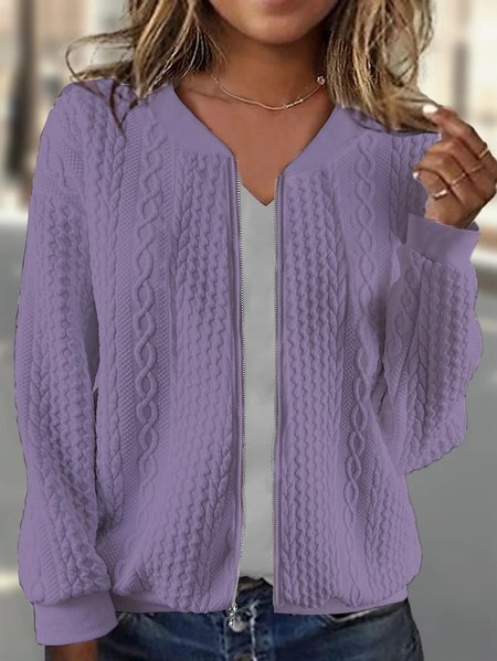 

Women's Spring/Fall Outerwear Casual Zipper Plain Long Sleeve Crew Neck Jacket, Purple, Jackets