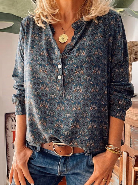 

Notched Long Sleeve Ethnic Regular Micro-Elasticity Loose Blouse For Women, Deep blue, Blouses