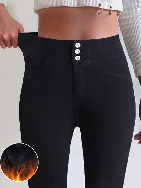 Casual Buckle Plain Leggings, Black, Leggings