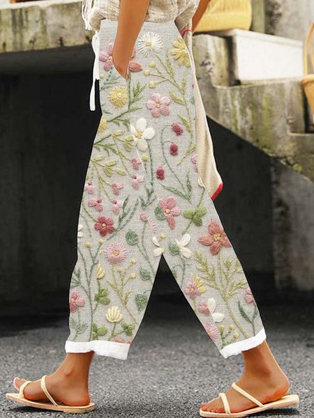 

Women Casual Floral Long Pants, Khaki, Pants