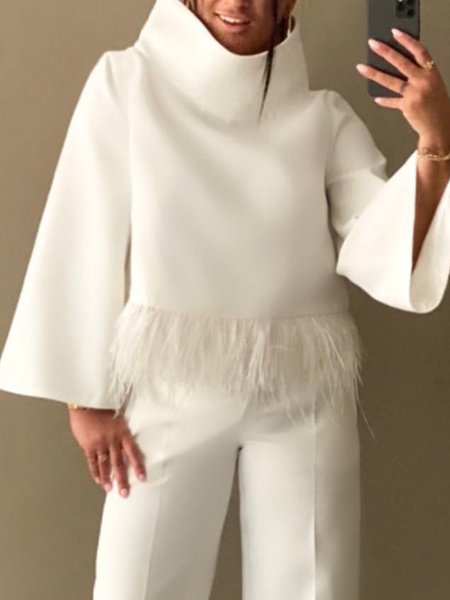 

Turtleneck Urban Feather-Trimmed Plain Loosen Blouse, White, Blouses and Shirts