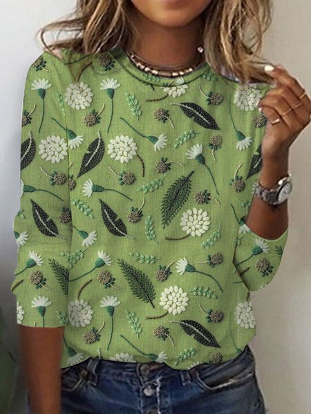 

Vintage Floral Crew Neck Long Sleeve T-shirt, Green, Blouses