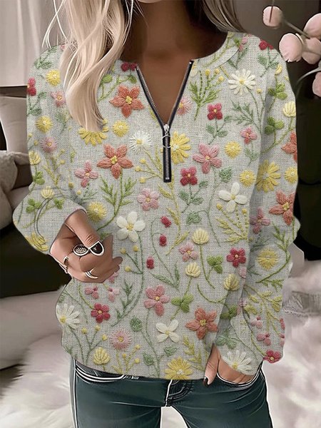 

Casual Crew Neck Floral Sweatshirt Zipper, Multicolor, Hoodies & Sweatshirts