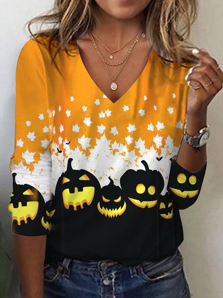 

Women's Long Sleeve Tee T-shirt Spring/Fall Halloween Jersey V Neck Daily Going Out Casual Top, Orange, T-Shirts