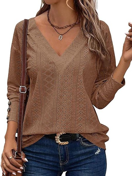 

Women's Long Sleeve Tee T-shirt Spring/Fall Plain Buckle V Neck Daily Going Out Casual Top, Coffee, T-Shirts