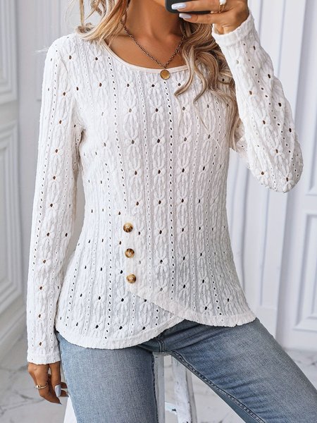 

Women's Three Quarter Sleeve Tee T-shirt Spring/Fall Plain Buckle Jersey Crew Neck Daily Going Out Casual Top, Off white, T-Shirts