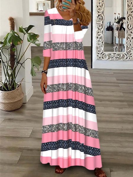 

Women Striped V Neck Long Sleeve Comfy Casual Maxi Dress, Pink, Dresses