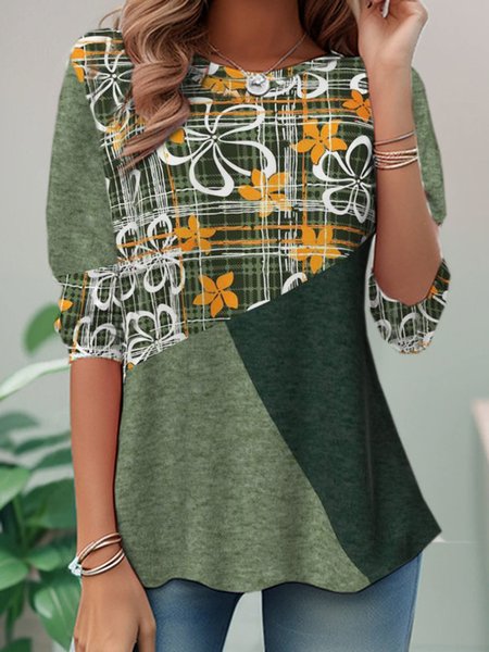 

Casual Floral Crew Neck Long Sleeve T-shirt, Green, T-shirts