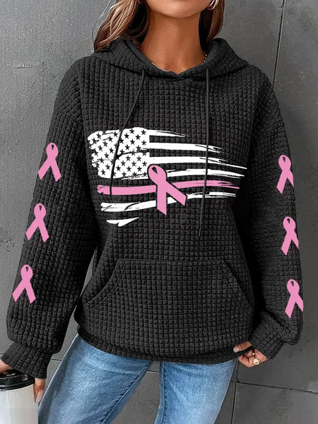 

Women's Pink Ribbon American Flag Breast Cancer Awareness Warrior Waffle Hoodie, Black, Hoodies&Sweatshirts