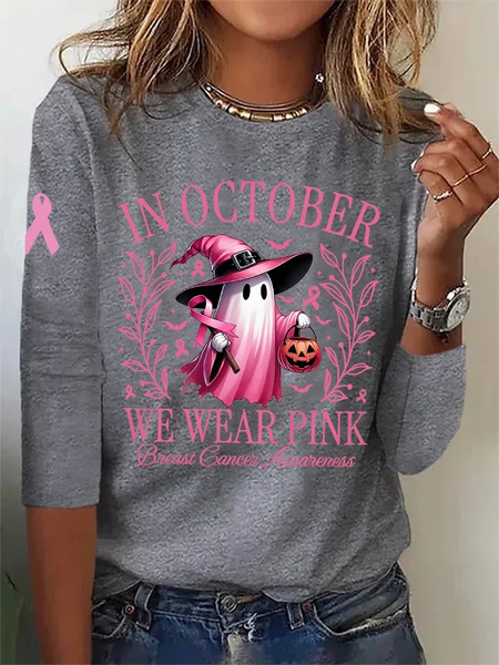 

Women's In October We Wear Pink Halloween Ghost Breast Cancer Awareness Warrior Long-Sleeve T-Shirt, Deep gray, Long sleeves