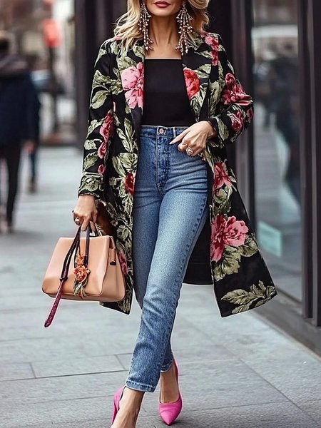 

Urban Lapel Collar Long Sleeve Floral Coat, Black, Coats