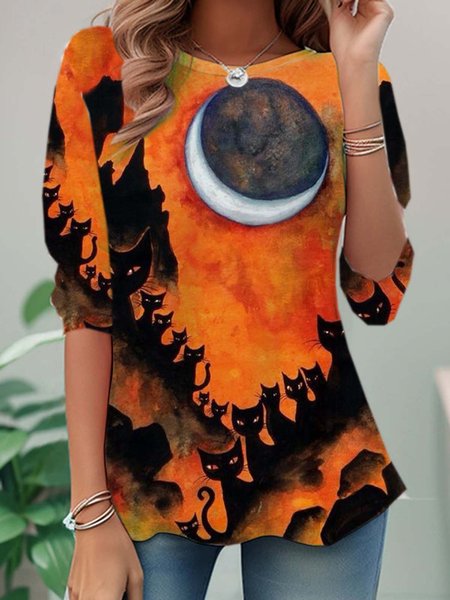 

Casual Halloween Crew Neck Long Sleeve T-shirt, Orange, T-shirts