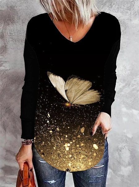 

V Neck Long Sleeve Ombre Regular Micro-Elasticity Loose Blouse For Women, Black, Blouses