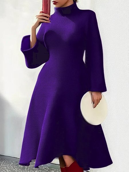 Stand Collar Plain Elegant Regular Fit Sweater Dress, Purple, Midi Dresses