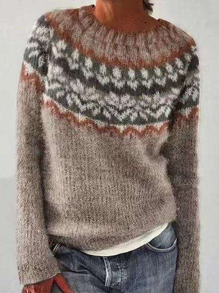Casual Ethnic Crew Neck Yarn/Wool Yarn Sweater, Camel, Sweaters