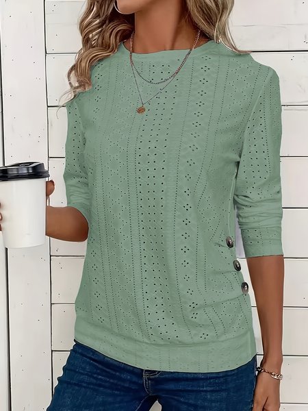 

Women's Long Sleeve Tee T-shirt Spring/Fall Plain Buckle Lace Crew Neck Daily Going Out Casual Top, Green, T-Shirts