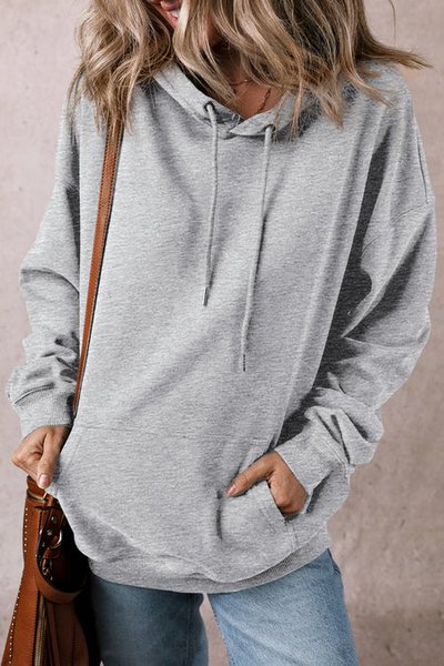 Plain Casual Loose Hoodie, Gray, Long Sleeves