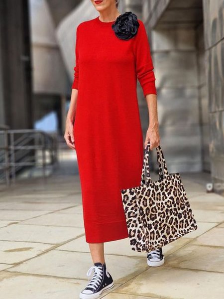 

Crew Neck Regular Sleeve Elegant Dress With Brooch, Red, Maxi Dresses