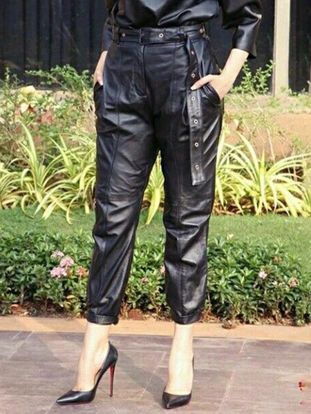 

Urban Plain Faux Leather Pants With Belt, Black, Leather Pants