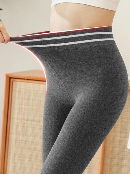 Casual Striped Fleece Skinny Soft Clouds Long Leggings, Gray, Leggings
