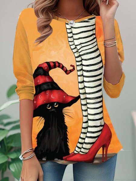 

Casual Halloween Crew Neck Long Sleeve T-shirt, Orange, T-shirts